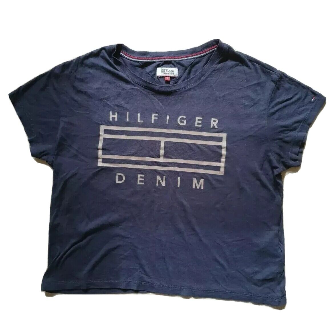 Vintage Y2K Tommy Hilfiger Cropped T Shirt Womens S Big Flag Navy Cotton Blend