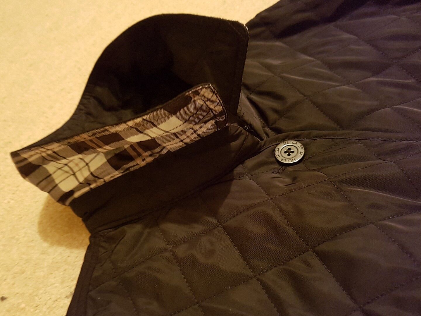 Della Spiga Jacket Coat Womens M Black Diamond Quilted Checked Lining