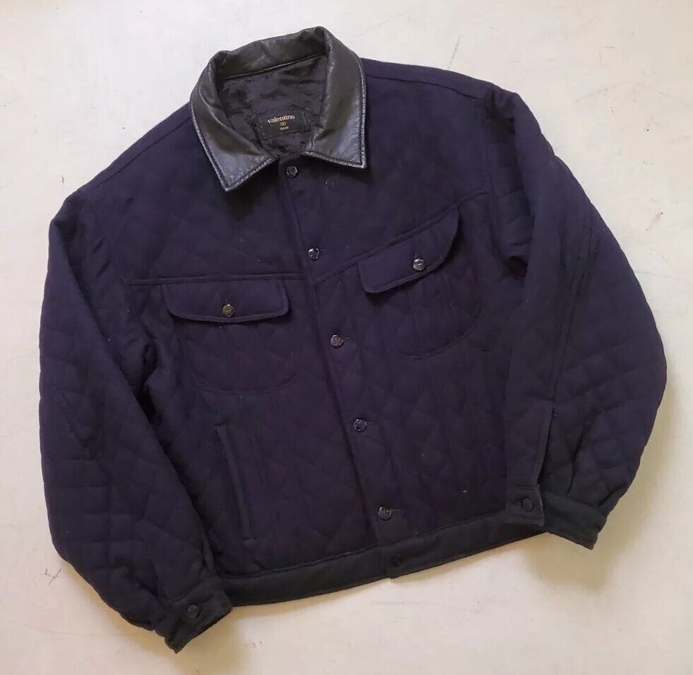 VALENTINO Bomber Jacket Mens L Quilted Wool Leather Collar Navy Blue Rrp £1250