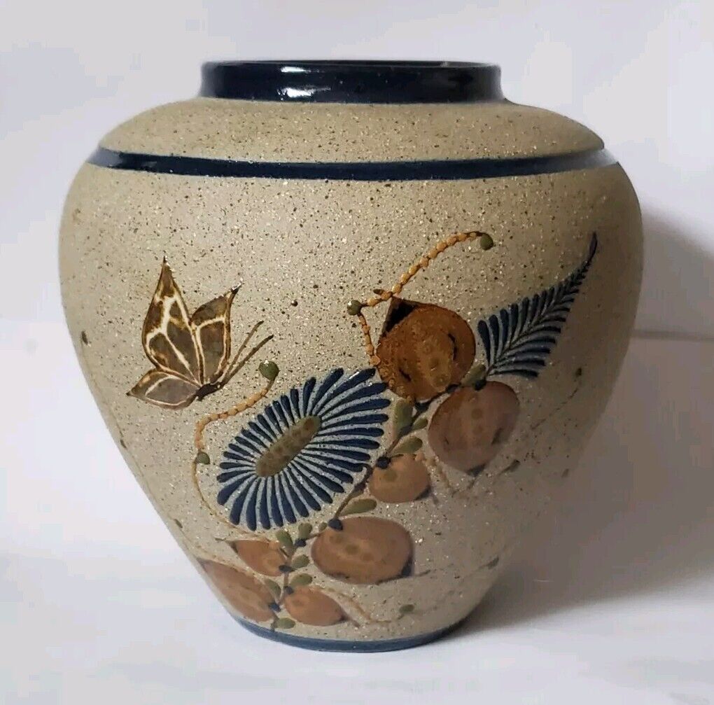 Tecpatl Vase Stoneware Mexico Signed Vintage 1980's Butterfly 5 Inch