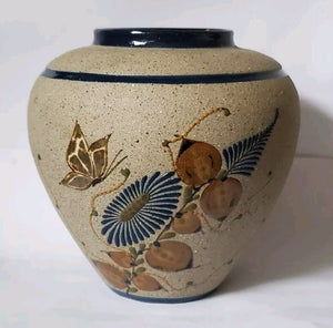 Tecpatl Vase Stoneware Mexico Signed Vintage 1980's Butterfly 5 Inch