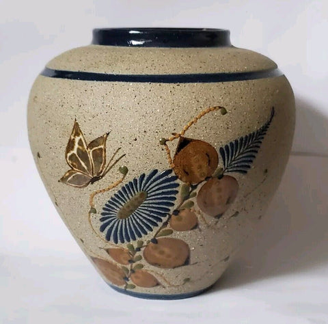 Tecpatl Vase Stoneware Mexico Signed Vintage 1980's Butterfly 5 Inch