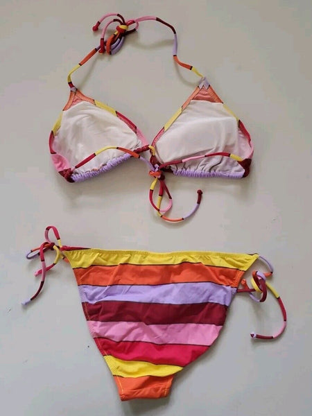 LACOSTE Bikini Swimsuit 2 Piece Halter Neck Size M Striped New With Pouch