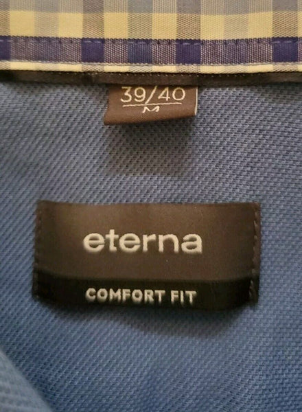 ETERNA Polo Shirt Mens M Comfort Fit Azure Blue Cotton Gingham Trim Worn Once