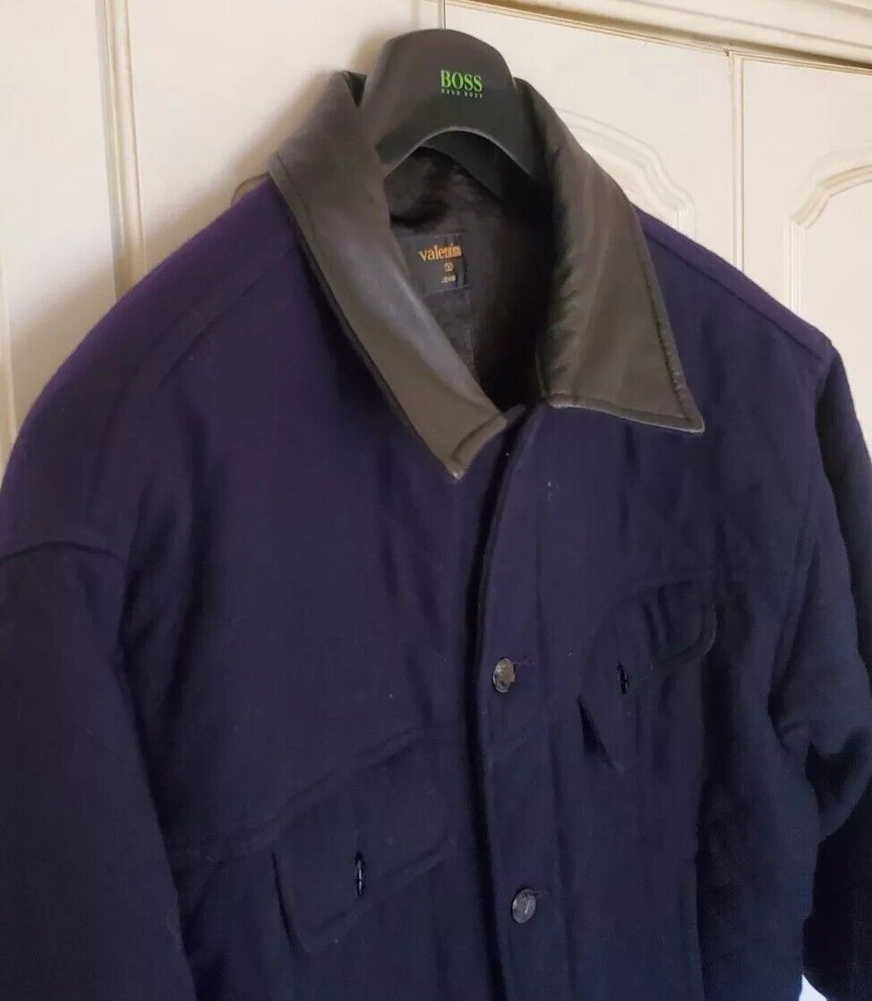 VALENTINO Bomber Jacket Mens L Quilted Wool Leather Collar Navy Blue Rrp £1250