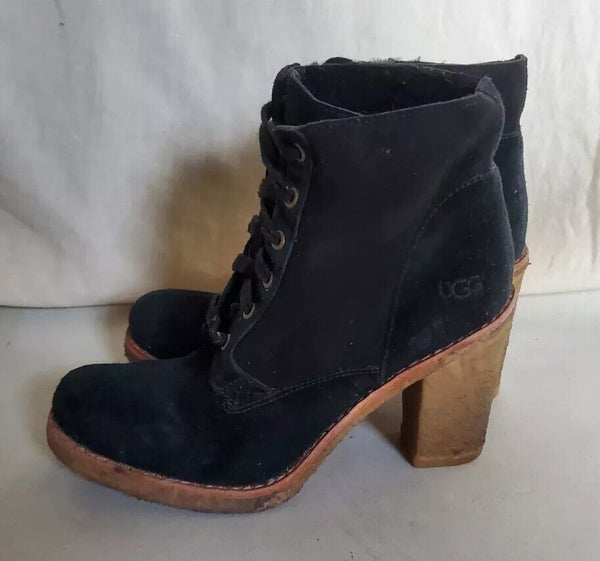 UGG Sofia Boots Heeled Laced Womens Uk 5.5 Black Suede Shearling Lining