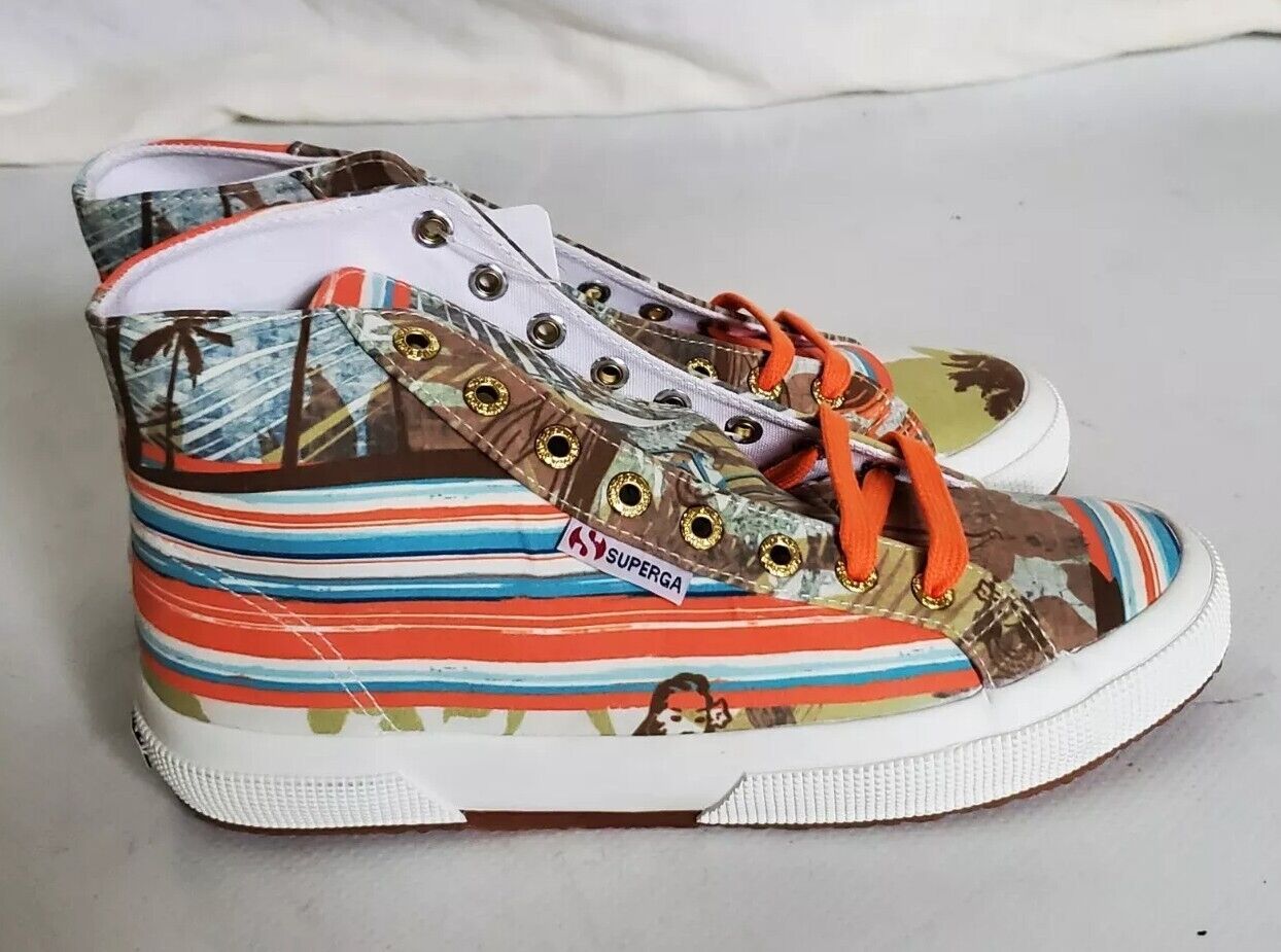 SUPERGA Hi Top Trainers Canvas Womens Uk 5.5 Eu 39 Hawaii Green Orange Rrp £140