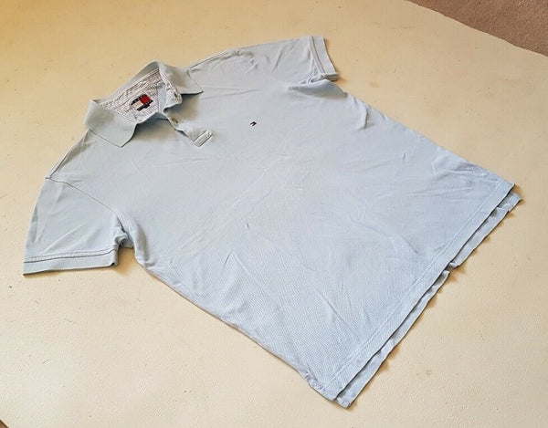 TOMMY HILFIGER Polo Shirt Mens L Pale Blue Cotton Regular Fit Flag Logo