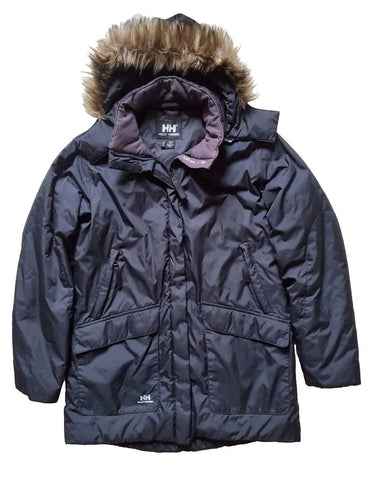 Helly Hansen Parka Puffer Jacket Coat Womens M Black Faux Fur Trimmed Hood