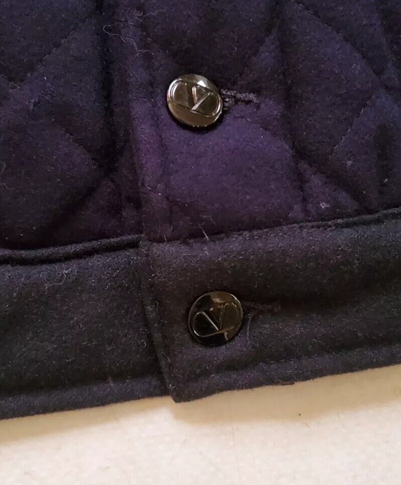 VALENTINO Bomber Jacket Mens L Quilted Wool Leather Collar Navy Blue Rrp £1250