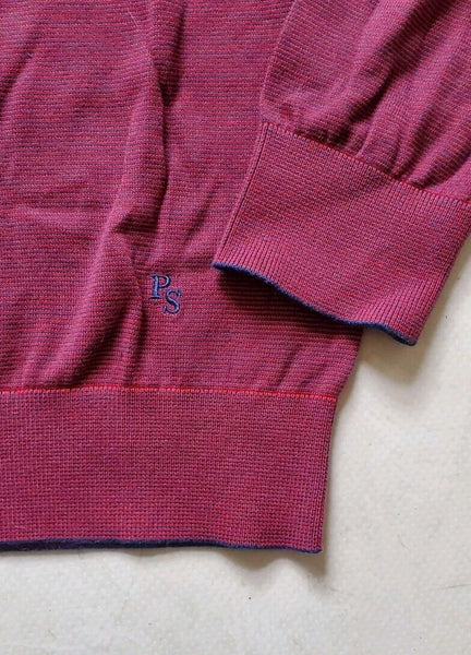 PAUL SMITH Jumper Sweater Mens M Red Cotton Blue Burgundy Stripes Crew Neck