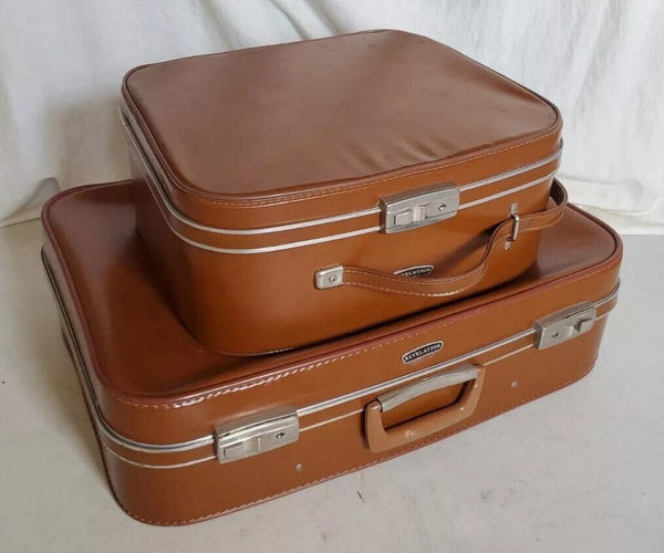 Vintage Antler Revelation Suitcase Set Med Case Xl Vanity Tan Leather Look 50's