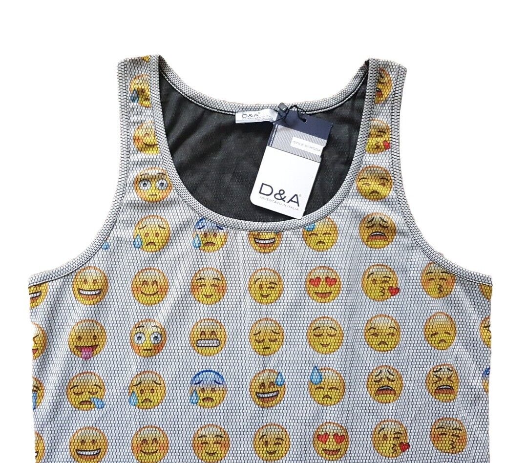 EMOJI Vest T Shirt Mens M Smiley Face White Cotton Lycra Stretch