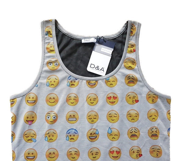 EMOJI Vest T Shirt Mens M Smiley Face White Cotton Lycra Stretch