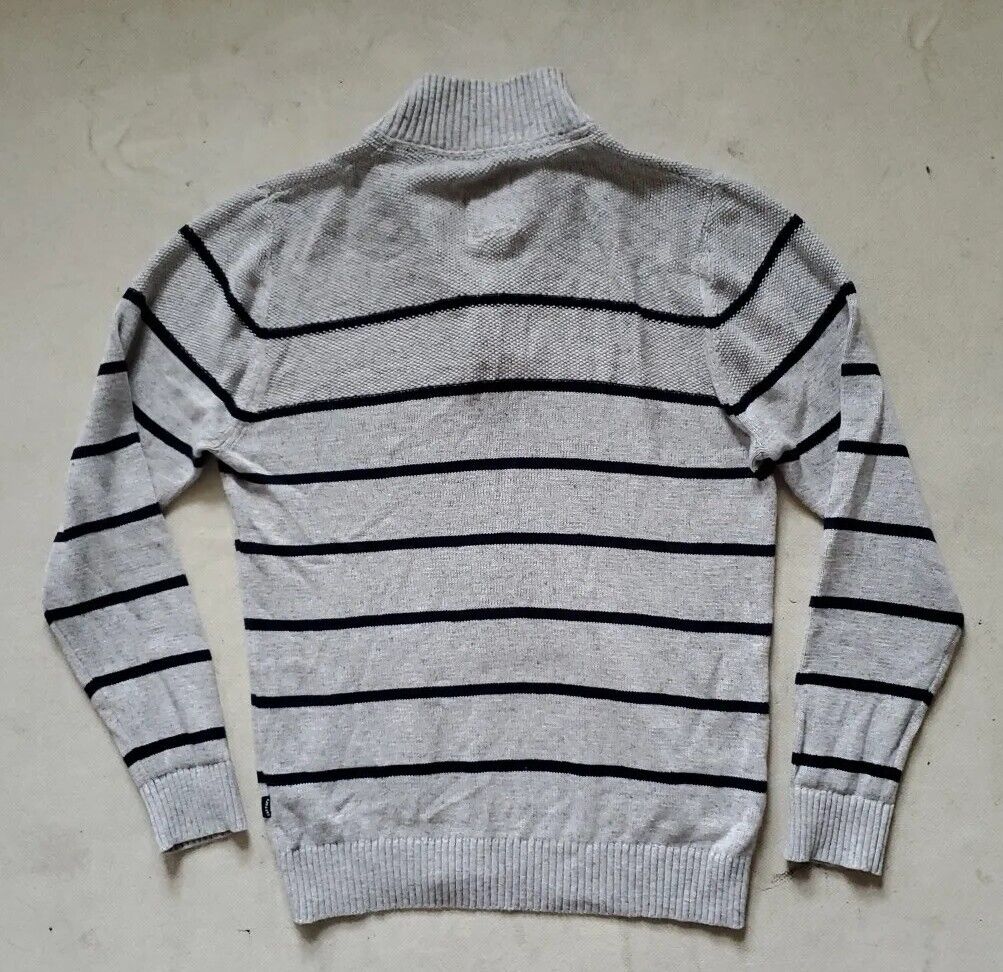 FAT FACE Jumper Sweater Mens M Grey Black Stripes Button Collar