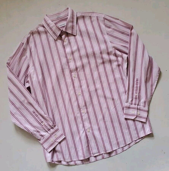 Vintage 80's CALVIN KLEIN Shirt Mens L Pink Striped Cotton Made In Hong Kong