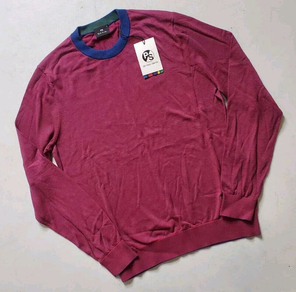 PAUL SMITH Jumper Sweater Mens M Red Cotton Blue Burgundy Stripes Crew Neck