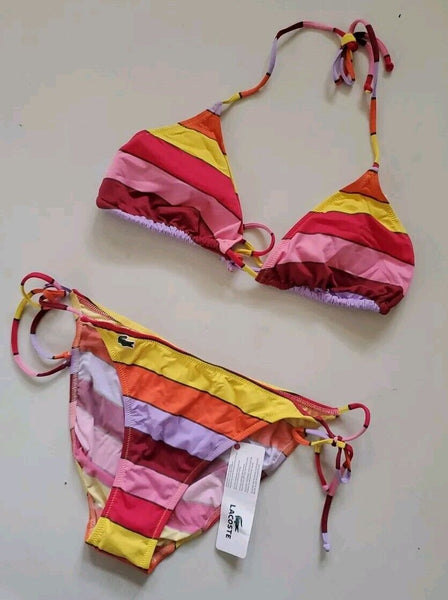 LACOSTE Bikini Swimsuit 2 Piece Halter Neck Size M Striped New With Pouch