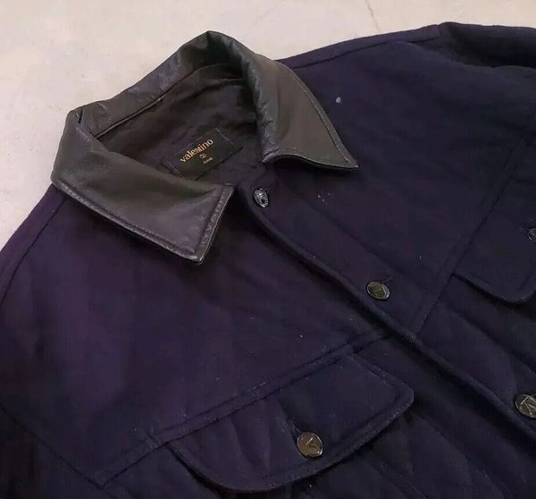 VALENTINO Bomber Jacket Mens L Quilted Wool Leather Collar Navy Blue Rrp £1250