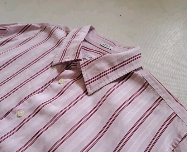Vintage 80's CALVIN KLEIN Shirt Mens L Pink Striped Cotton Made In Hong Kong