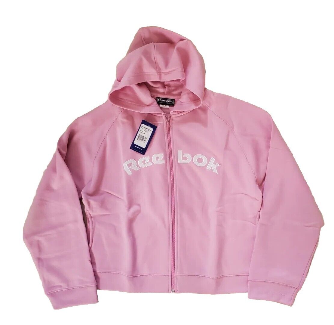 Reebok Full Zip Hoodie Jacket Womens UK 16 Pink Cropped Spellout Logo