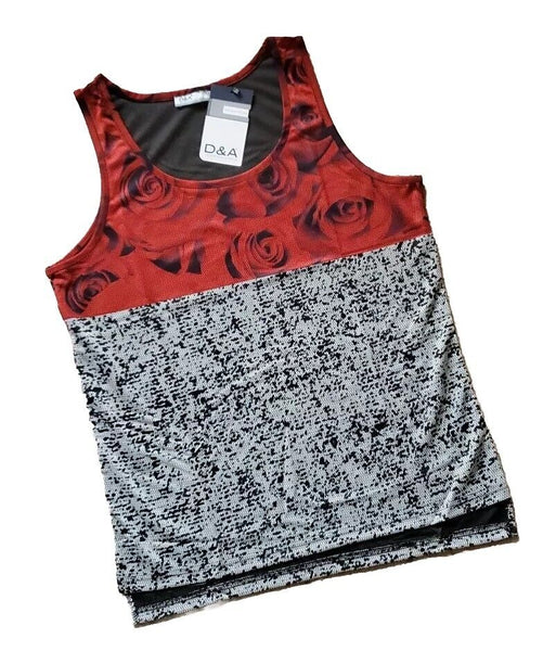 Designer Vest T Shirt Mens L Italian Abstract Roses Cotton Lycra Stretch