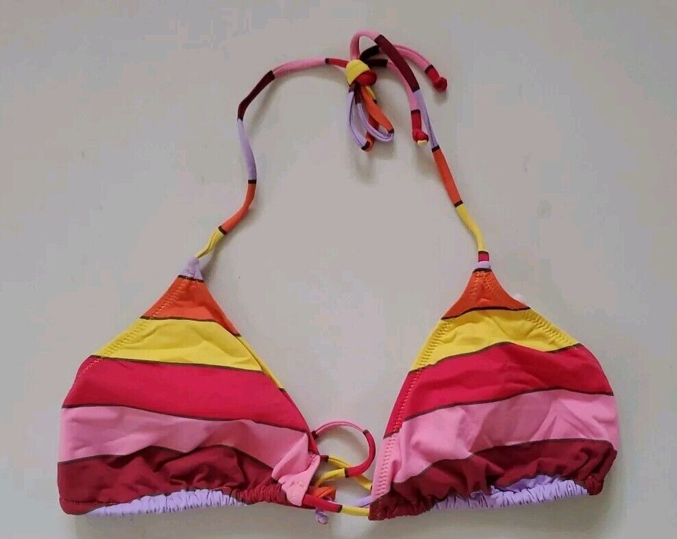 LACOSTE Bikini Swimsuit 2 Piece Halter Neck Size M Striped New With Pouch