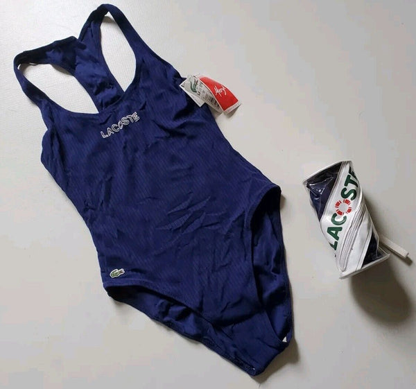 LACOSTE Swimsuit Swimming Costume 1 Piece Size M Blue Spellout New With Pouch
