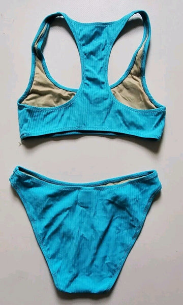 LACOSTE Bikini Swimsuit 2 Piece Size M Spellout Turquoise Blue New With Pouch