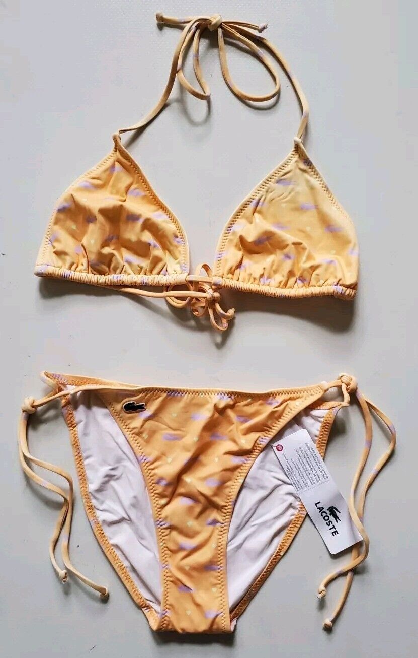 LACOSTE Bikini Swimsuit 2 Piece Halter Neck Size XS Peach Croc New With Pouch