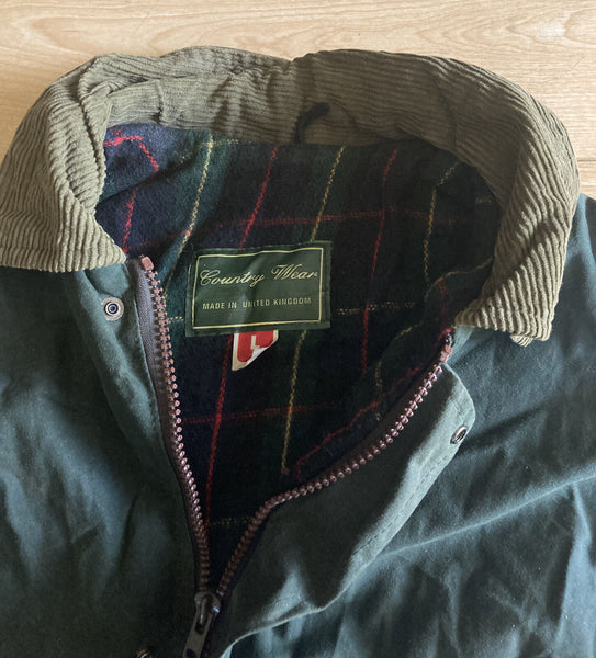COUNTRY WEAR Wax Jacket Coat Mens L Green Mid Length Vintage Made In UK (21)
