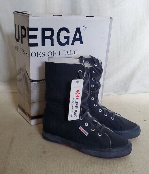 SUPERGA BOOTS Full Blue Canvas Fur Lined Womens Uk 7 Eu 41 Rrp £160