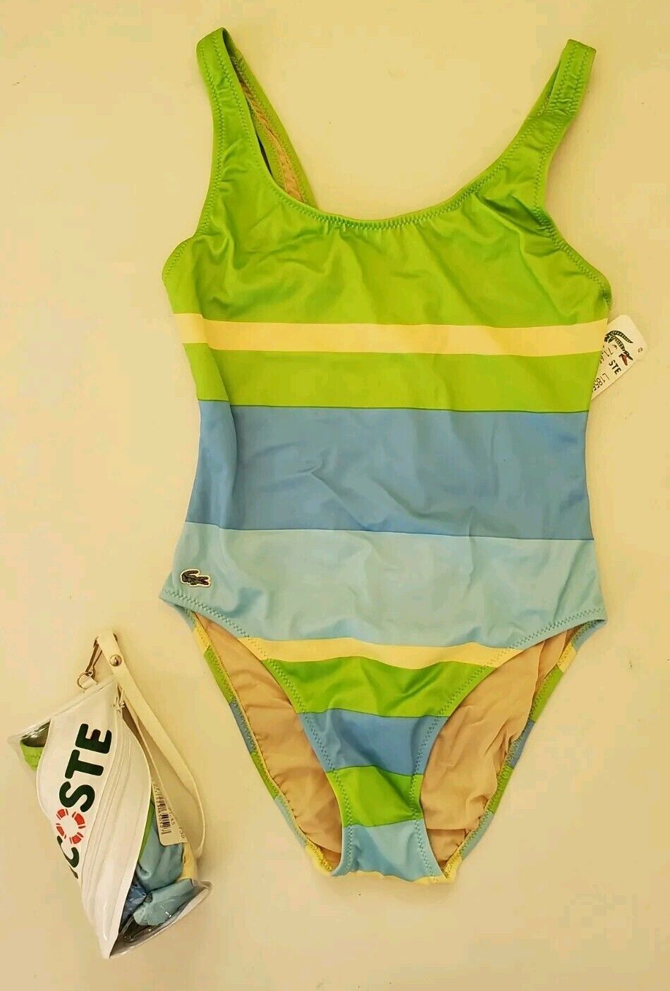 LACOSTE Swimsuit Swimming Costume 1 Piece Size XS Blue Green New With Pouch