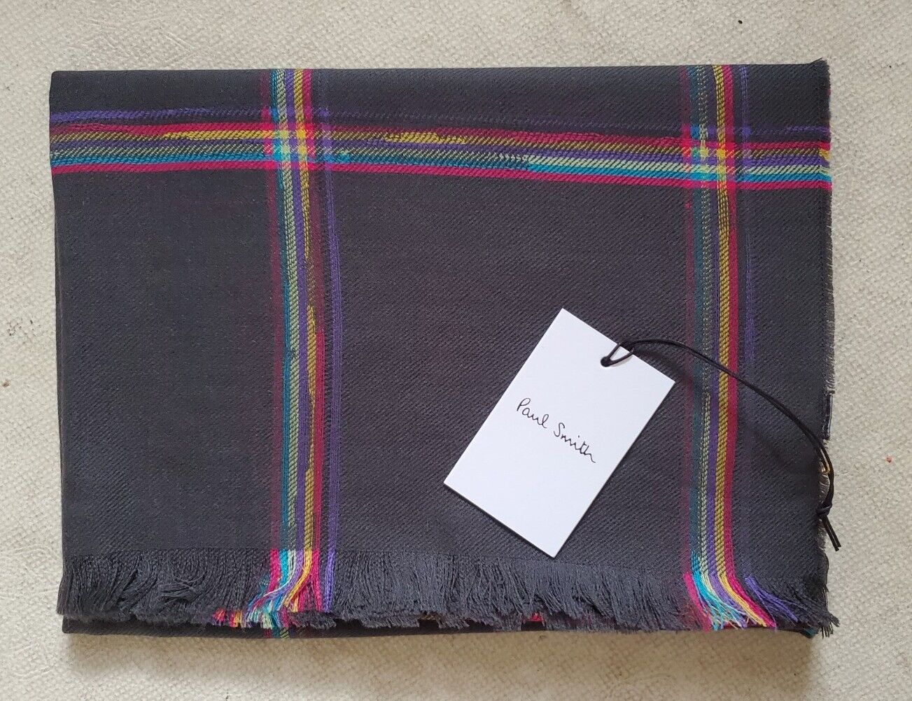 PAUL SMITH Pashmina Scarf Shawl Grey Check Cashmere Wool Made in UK Rrp £189