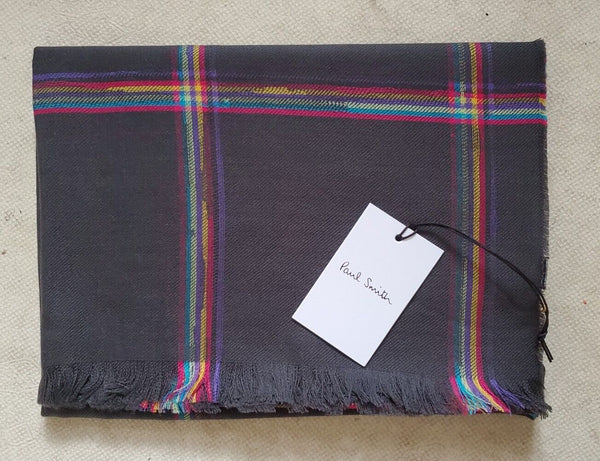 PAUL SMITH Pashmina Scarf Shawl Grey Check Cashmere Wool Made in UK Rrp £189