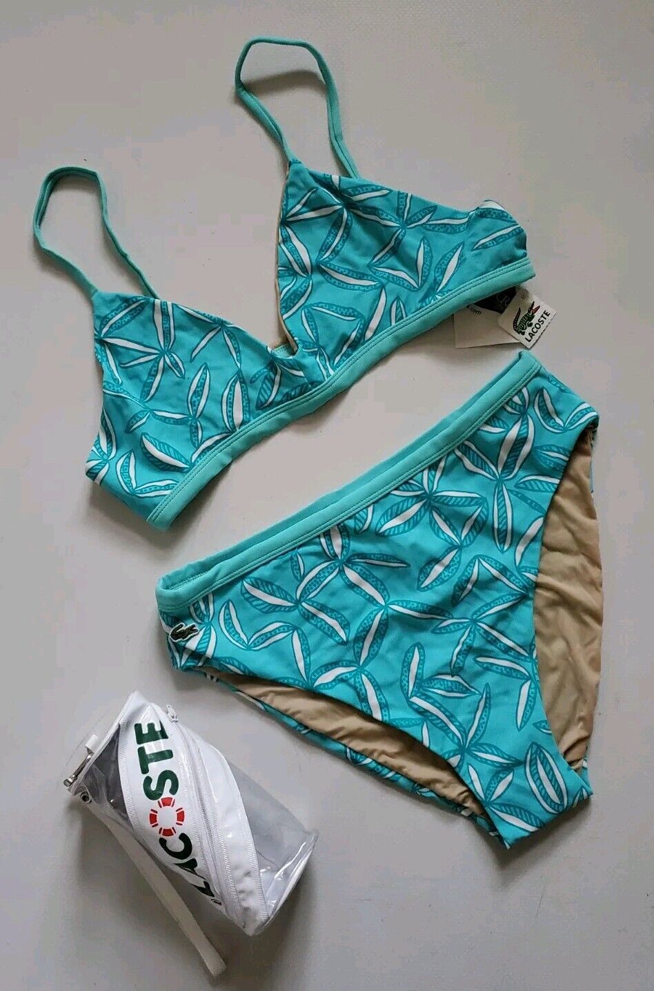LACOSTE Bikini Swimsuit 2 Piece Size M Turquoise Blue Floral New With Pouch