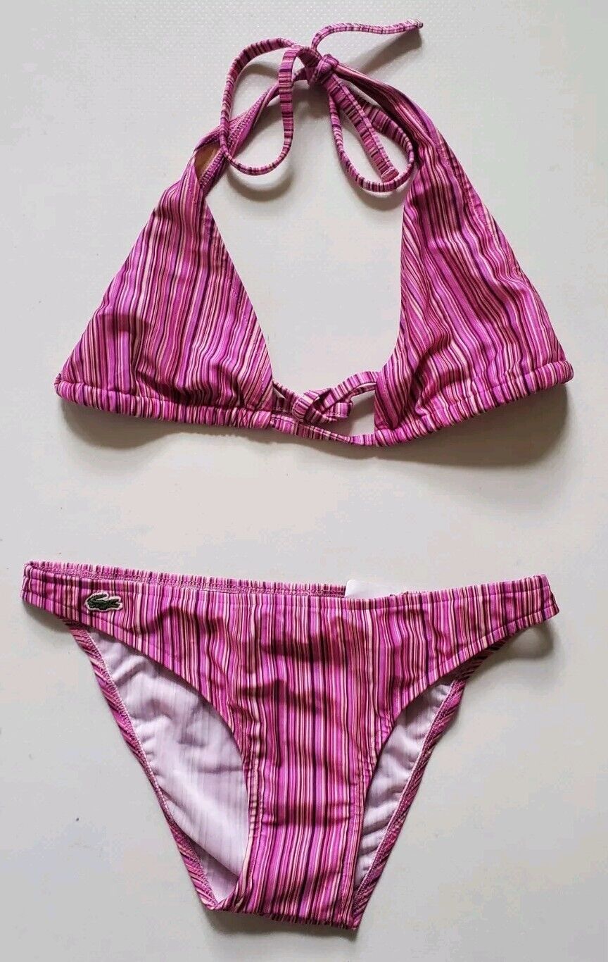 LACOSTE Bikini Swimsuit 2 Piece Halter Neck Size XS Pink Striped New With Pouch