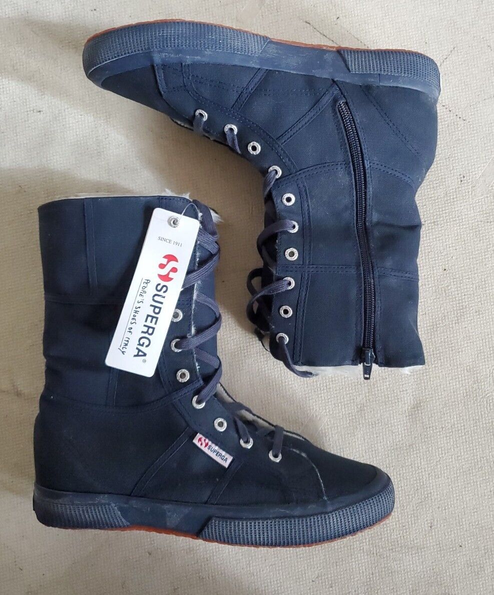 SUPERGA BOOTS Full Blue Canvas Fur Lined Womens Uk 7 Eu 41 Rrp £160