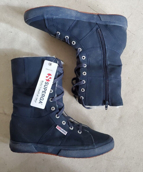 SUPERGA BOOTS Full Blue Canvas Fur Lined Womens Uk 7 Eu 41 Rrp £160