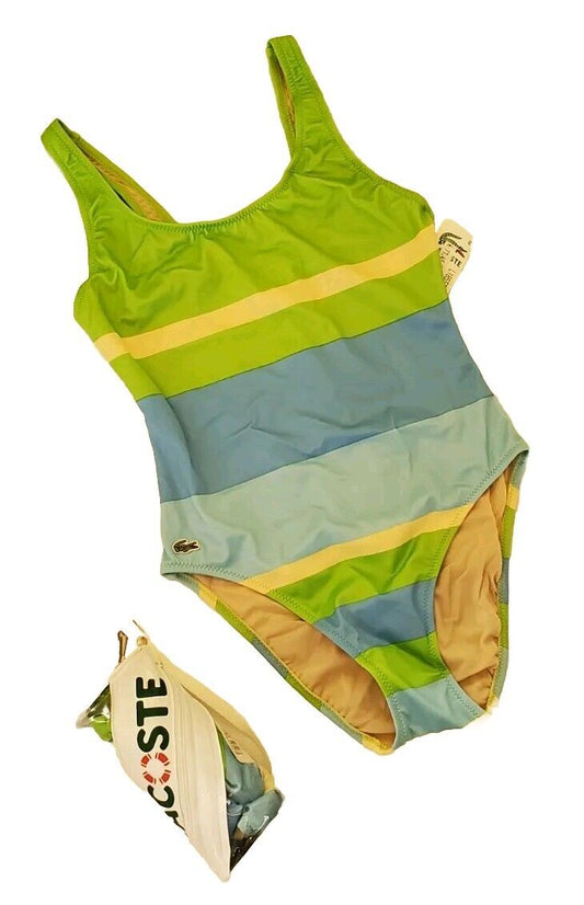 LACOSTE Swimsuit Swimming Costume 1 Piece Size XS Blue Green New With Pouch