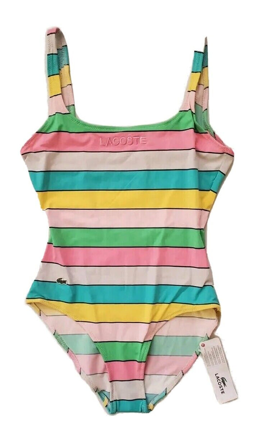 LACOSTE Swimsuit Swimming Costume 1 Piece Size XS Striped Spellout New With Tags