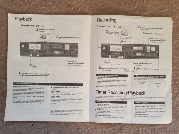 Technics RS-B205 Instruction Manual Stereo Cassette Recorder Player - English