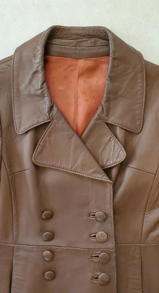 VINTAGE LEATHER COAT Womens S Milk Chocolate Brown 1970s Double Breasted
