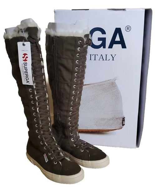 SUPERGA BOOTS Knee High Green Canvas Fur Lined Womens Uk 5.5 Eu 39 Rrp £160