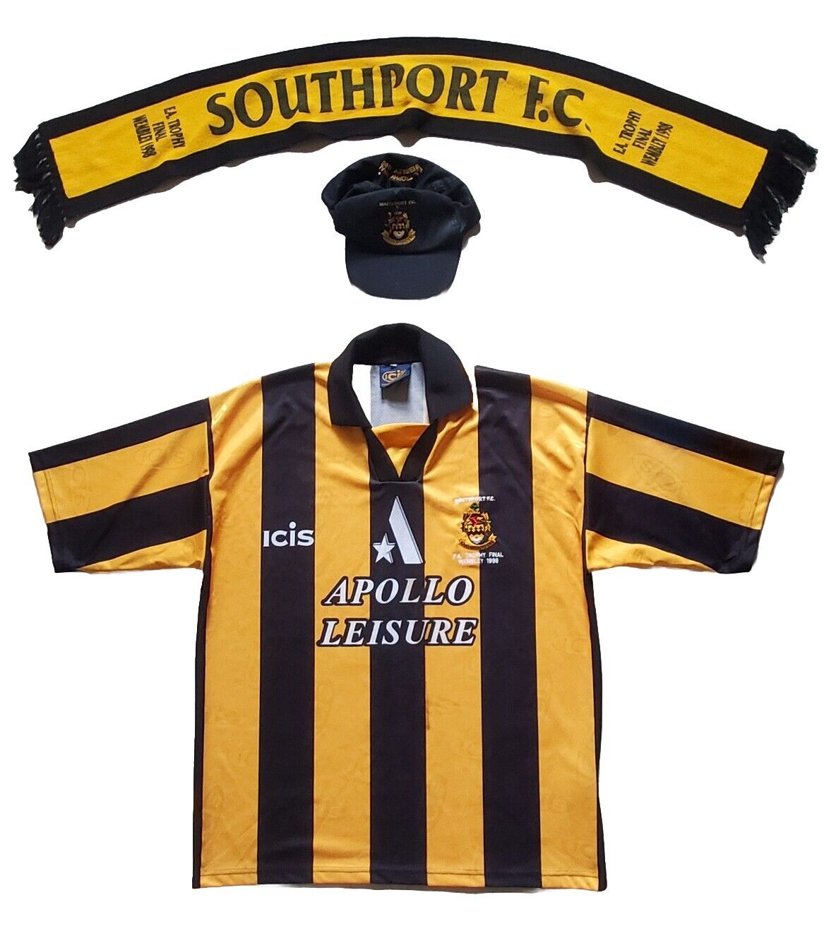 SOUTHPORT FC Jersey FA Trophy Final 1998 Shirt Scarf Cap Mens XL icis  - Rare