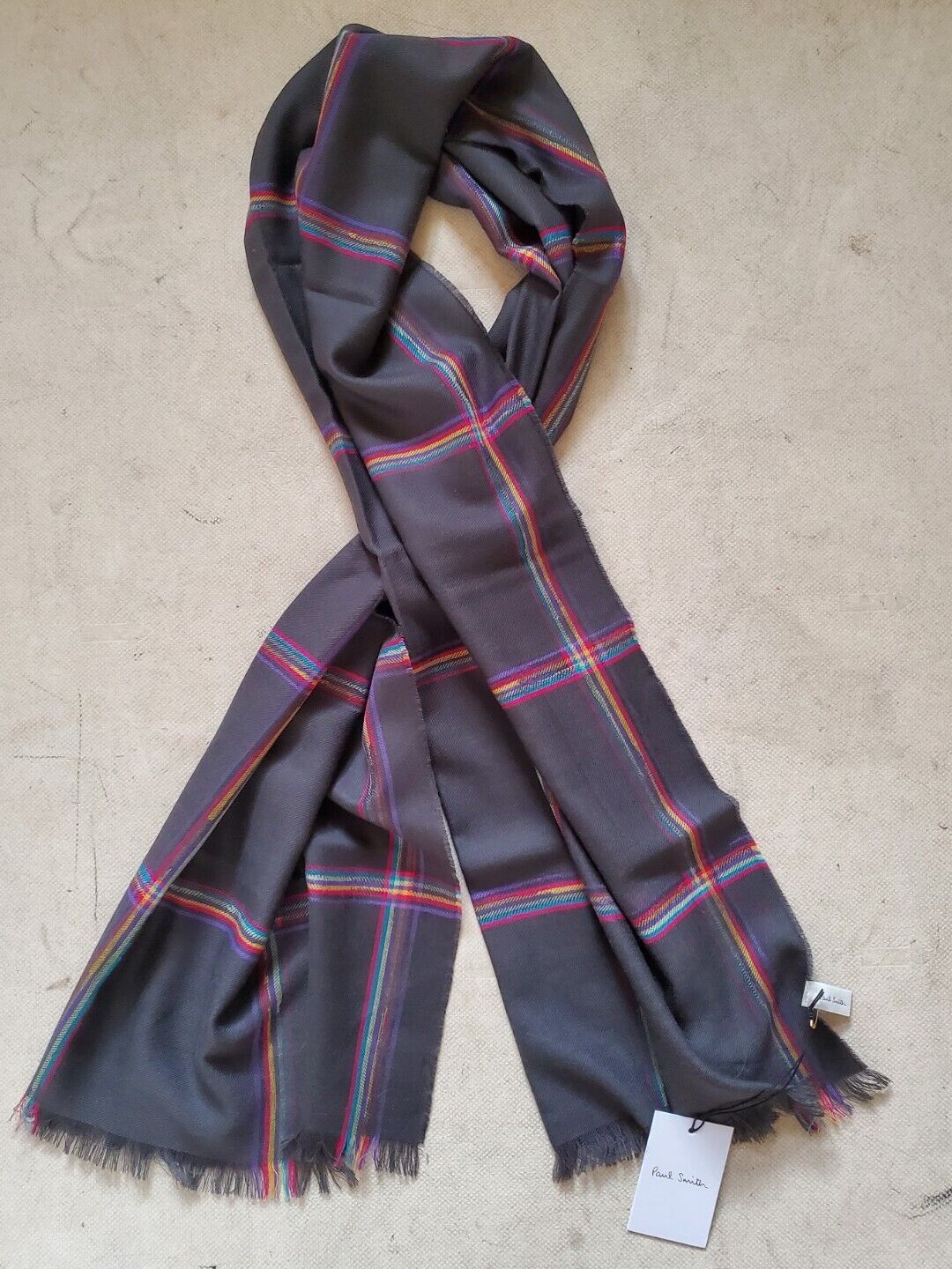 PAUL SMITH Pashmina Scarf Shawl Grey Check Cashmere Wool Made in UK Rrp £189