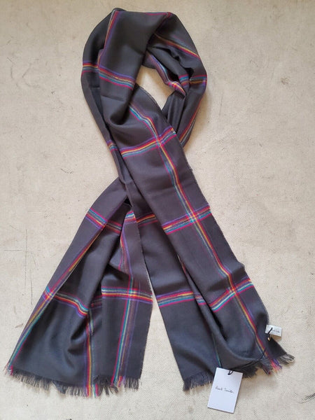 PAUL SMITH Pashmina Scarf Shawl Grey Check Cashmere Wool Made in UK Rrp £189