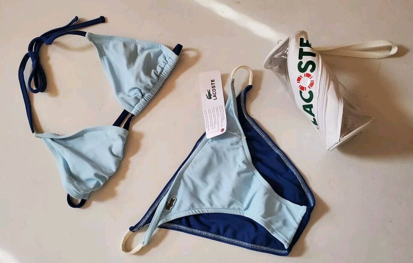 LACOSTE Bikini Swimsuit 2 Piece Size M Twotone Blue Halter Neck New With Pouch
