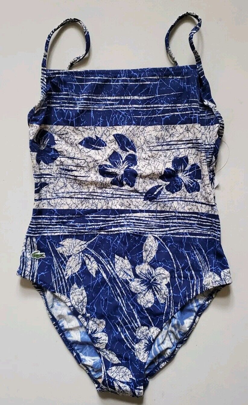 LACOSTE Swimsuit Swimming Costume 1 Piece Size XS Blue Floral New With Pouch
