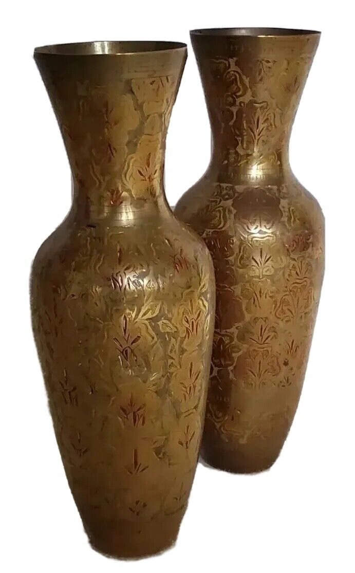 VINTAGE PAIR INDIAN BRASS VASES Water Jugs Brass Etched Hand Painted 1972